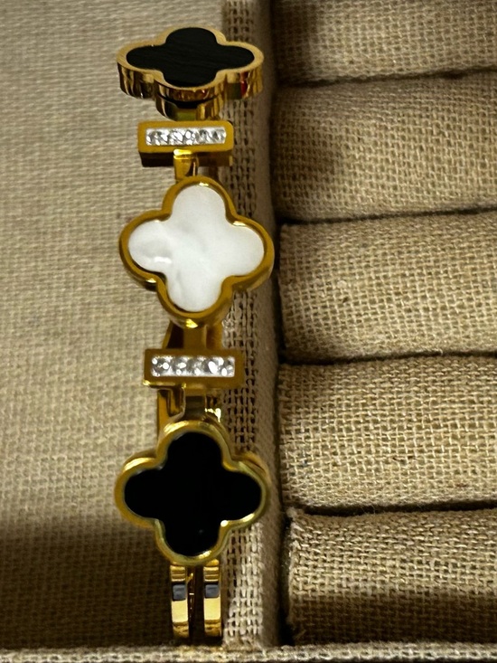 Jewelry - Gold-Tone Clover Link Bracelet with Black and White Inlays